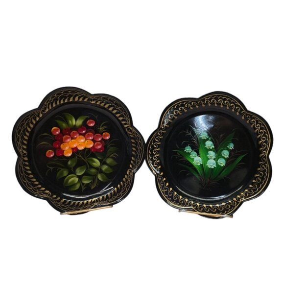 Russian Zhostovo ToleWare art Plate set Flowers Colorful Gold SIGNED folk art - Picture 2 of 11